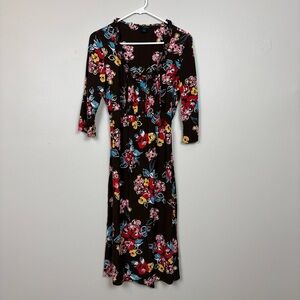Boden Dress Womens 14 Long Brown Midi Floral Tie Back Ruffle Pleated
